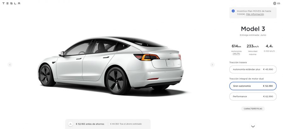 Configurador Tesla Model 3 Gran Autonomía a 24 de mayo de 2021
